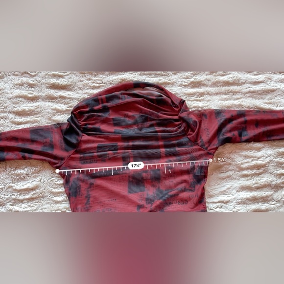 Crimson Red Newspaper Off Shoulder Mesh Top 🔲🖤🥀 - Picture 6 of 8